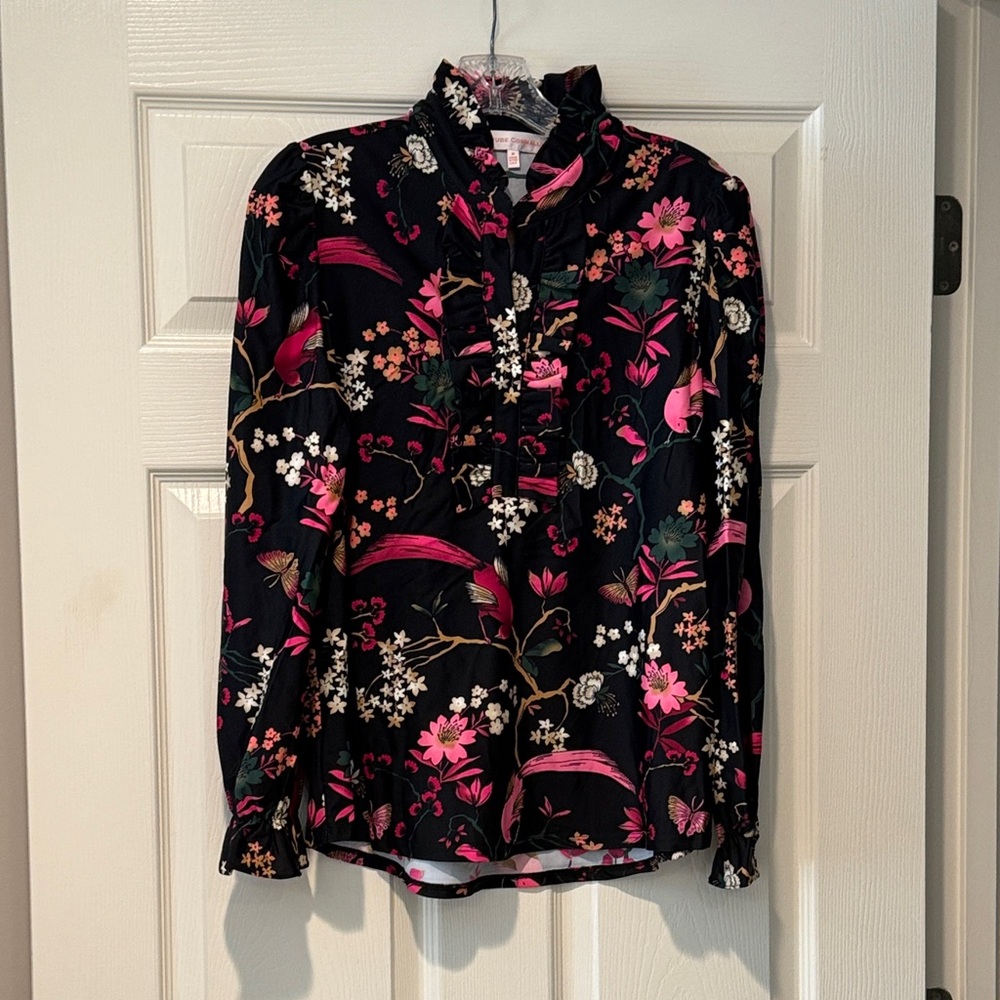 Jude Connally Black Floral Ruffle Blouse